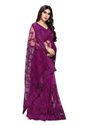 Purple embroidered net saree with blouse 3