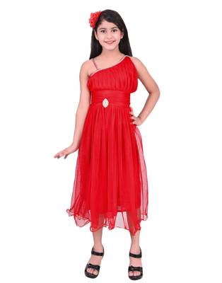 Red plain super net kids frocks 1
