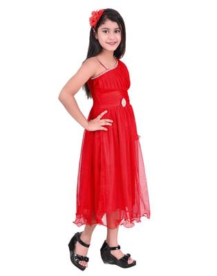 Red plain super net kids frocks 2