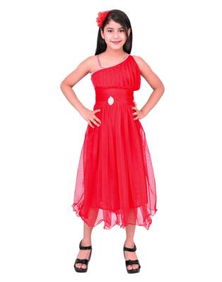 Red plain super net kids frocks 3