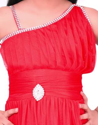 Red plain super net kids frocks 5