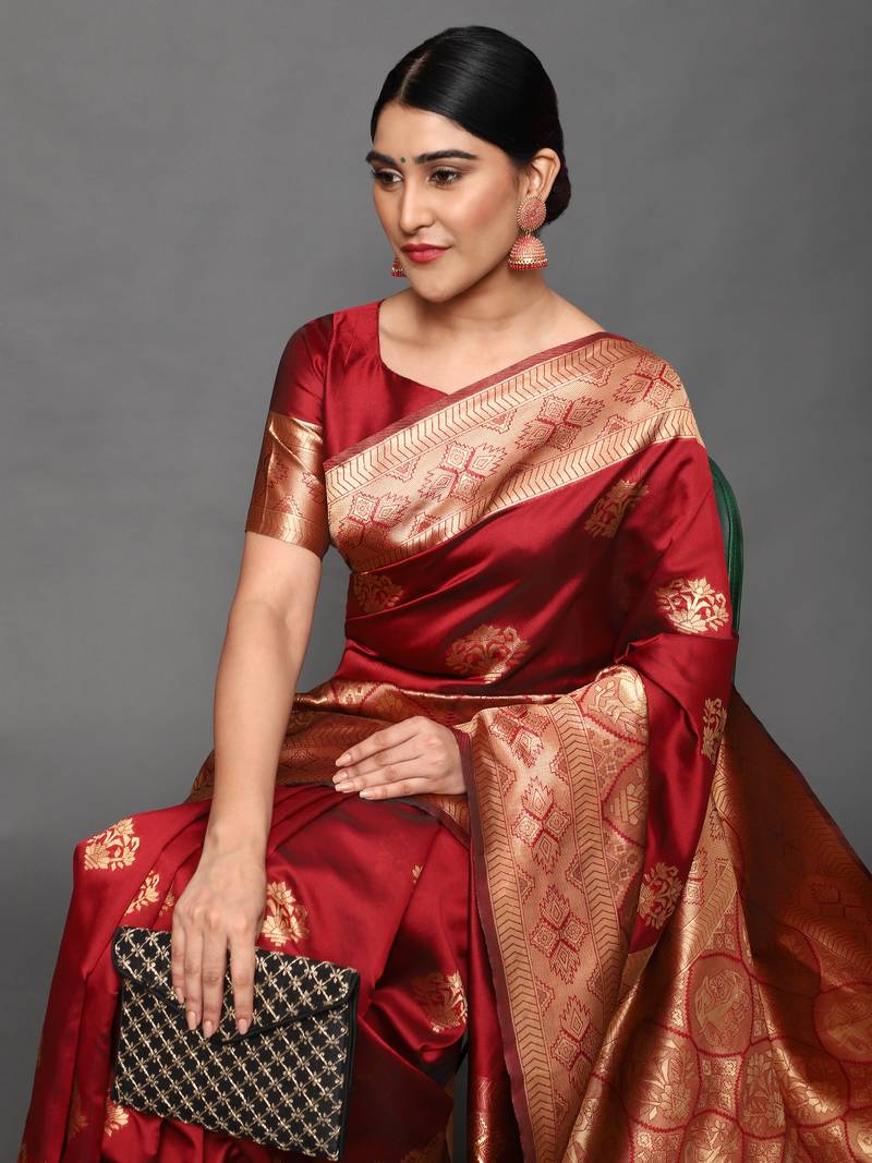 Glemora Red Beautiful Ethnic Wear Silk Blend  Traditional Saree