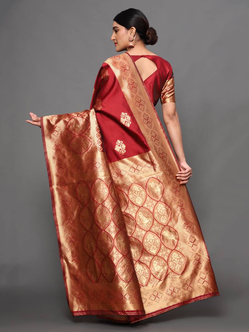 Glemora Red Beautiful Ethnic Wear Silk Blend  Traditional Saree
