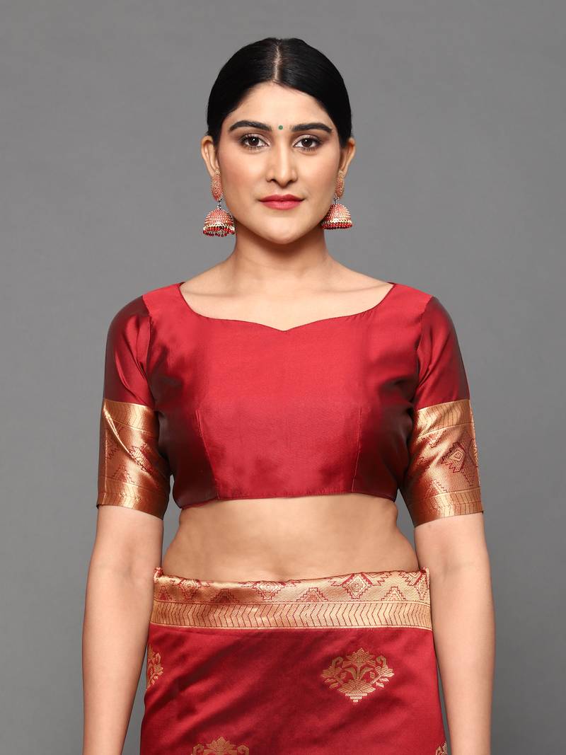 Glemora Red Beautiful Ethnic Wear Silk Blend  Traditional Saree