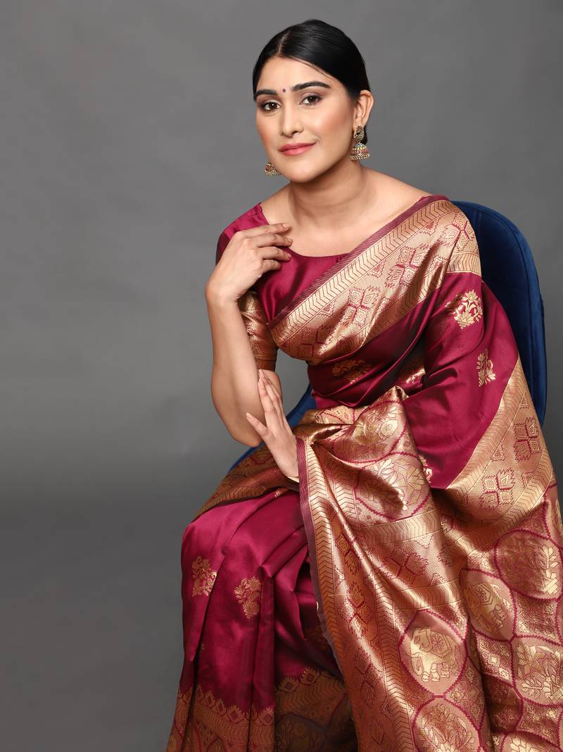 Glemora Wine Beautiful Ethnic Wear Silk Blend  Traditional Saree