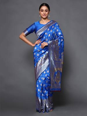 Glemora Blue Fancy Ethnic Wear Silk Blend  Traditional Saree 2