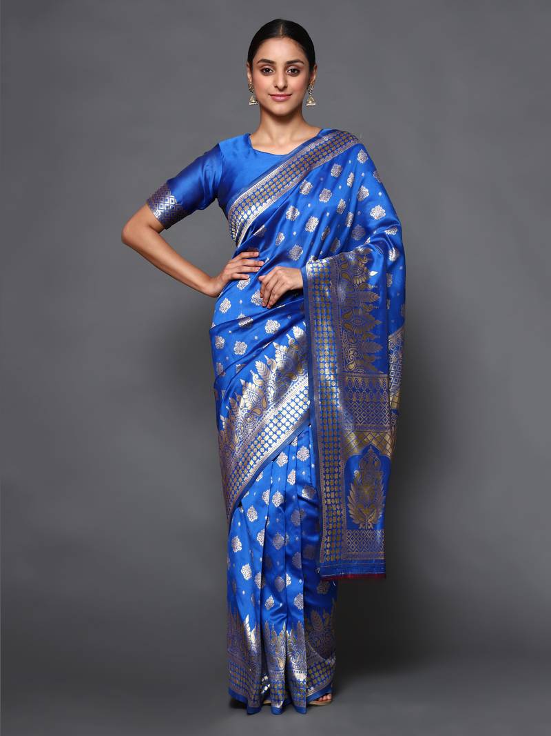 Glemora Blue Fancy Ethnic Wear Silk Blend  Traditional Saree