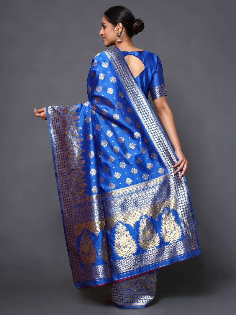 Glemora Blue Fancy Ethnic Wear Silk Blend  Traditional Saree