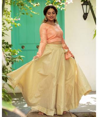 Peach banarasi Dupion Cotton Croptop Light gold Flared skirt lehenga 1