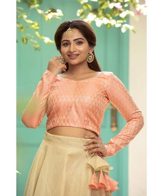 Peach banarasi Dupion Cotton Croptop Light gold Flared skirt lehenga 5