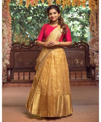Pink Dupion Crop Top  Gold  Pleated Skirt lehenga 1