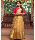 Pink Dupion Crop Top  Gold  Pleated Skirt lehenga