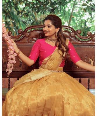 Pink Dupion Crop Top  Gold  Pleated Skirt lehenga 5