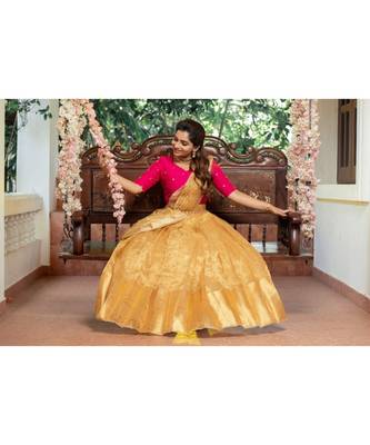 Pink Dupion Crop Top  Gold  Pleated Skirt lehenga 6