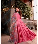 Onion Pink Silk Viscose Slub Anarkali Floral organza dupatta Floral Anarkali