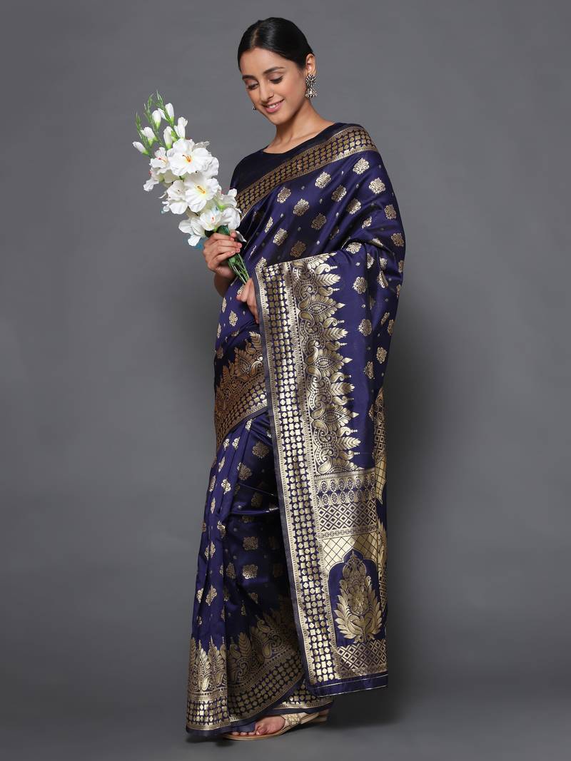 Glemora  Nevy Blue Fancy Ethnic Wear Silk Blend  Traditional Saree