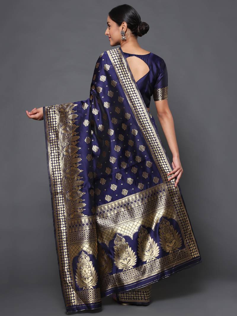 Glemora  Nevy Blue Fancy Ethnic Wear Silk Blend  Traditional Saree