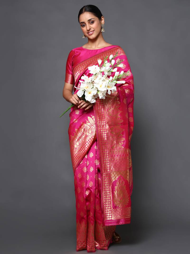 Glemora Pink Fancy Ethnic Wear Silk Blend  Traditional Saree