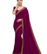 Purple embroidered silk blend saree with blouse