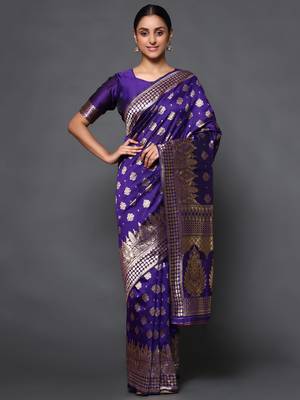 Glemora Purple Fancy Ethnic Wear Silk Blend  Traditional Saree 1