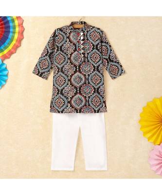 Print Boys Mandarin Collar Kurta With Gota Lace Embelishment Pant Set black 1