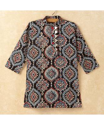 Print Boys Mandarin Collar Kurta With Gota Lace Embelishment Pant Set black 2