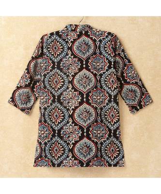 Print Boys Mandarin Collar Kurta With Gota Lace Embelishment Pant Set black 3