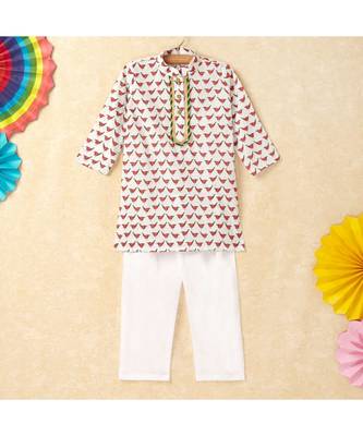 The Magic WParrot Print Boys Mandarin Collar Kurta With Gota Lace Embelishment Pant Set red 1