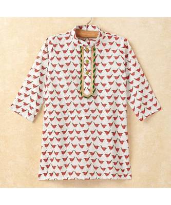 The Magic WParrot Print Boys Mandarin Collar Kurta With Gota Lace Embelishment Pant Set red 2