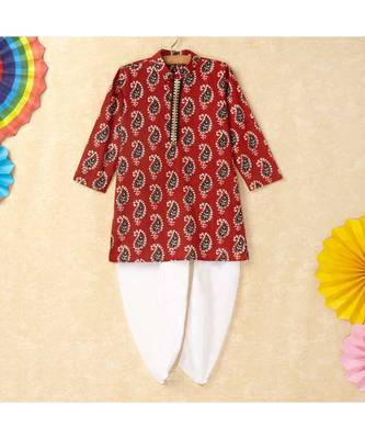 Print Boys Mandarin Collar Kurta With Gota Lace Embelishment Dhoti Set maroon 1
