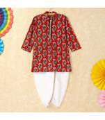 Print Boys Mandarin Collar Kurta With Gota Lace Embelishment Dhoti Set maroon