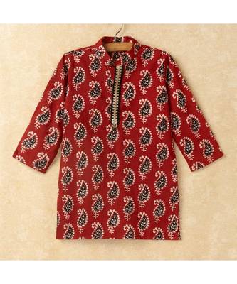 Print Boys Mandarin Collar Kurta With Gota Lace Embelishment Dhoti Set maroon 2