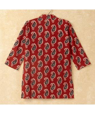 Print Boys Mandarin Collar Kurta With Gota Lace Embelishment Dhoti Set maroon 3