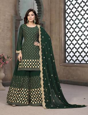 Dark-green embroidered faux georgette salwar 1