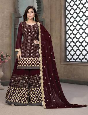Maroon embroidered faux georgette salwar 1