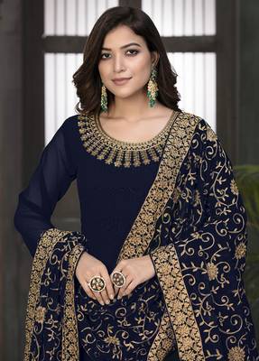 Navy-blue embroidered faux georgette salwar Kameez 3