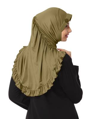Modest Women's stylish Frill Finish Border Soft feel good Polycotton fabric Zareen Hijab Olive 1