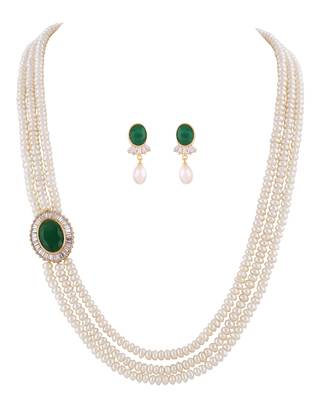 White Freshwater Pearl with Green Emerald Pendant Alloy Necklace Set 4