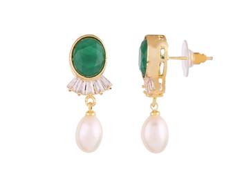 White Freshwater Pearl with Green Emerald Pendant Alloy Necklace Set 5