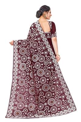 Maroon embroidered faux organza saree with blouse 4