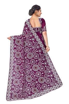 Dark purple embroidered faux organza saree with blouse 4