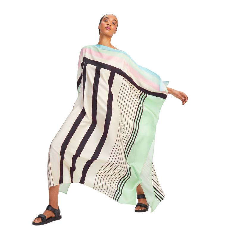 JSDC Lounge Wear Women Printed Stripped Pattern Style Satin Silk Kaftan 