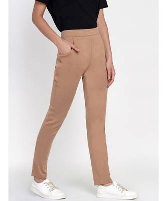 Fabnest Women Cotton Beige Solid Track Pants 3