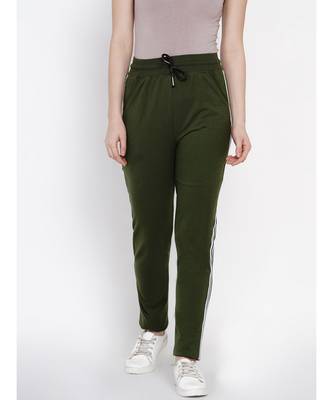 Fabnest Women Cotton Loop Knit Olive Green Solid Track Pant With Side Tapes 1