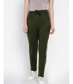 Fabnest Women Cotton Loop Knit Olive Green Solid Track Pant With Side Tapes