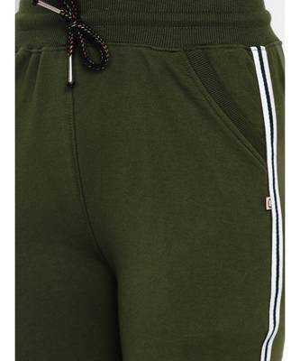 Fabnest Women Cotton Loop Knit Olive Green Solid Track Pant With Side Tapes 2