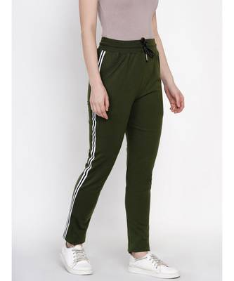 Fabnest Women Cotton Loop Knit Olive Green Solid Track Pant With Side Tapes 3