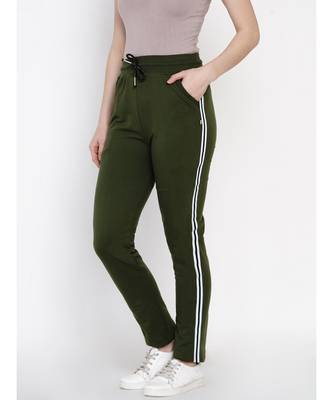 Fabnest Women Cotton Loop Knit Olive Green Solid Track Pant With Side Tapes 4