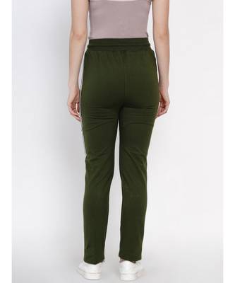 Fabnest Women Cotton Loop Knit Olive Green Solid Track Pant With Side Tapes 5