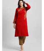 Red Acrylic Woolen Kurta With Embroidery